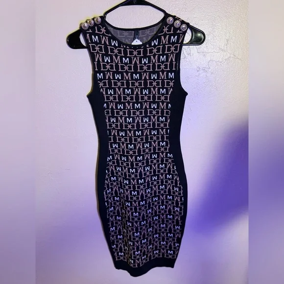 Guess by Marciano Black and Cream Logo Midi Bodycon Dress - Picture 2 of 5